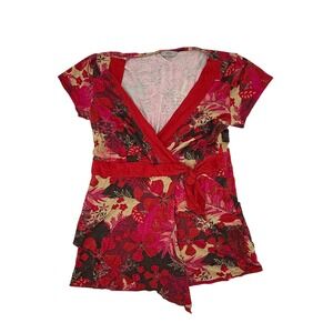 Marks and Spencer Vintage Y2K Red Floral Wrap Short Sleeve Blouse Euro Summer